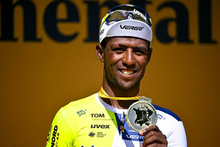 Eritrean Biniam Girmay Hailu of Intermarche-Wanty pictured on the podium after winning stage 12 of the 2024 Tour de France cycling race, from Aurillac to Villeneuve-sur-Lot, France (203,6km) on Thursday 11 July 2024. The 111th edition of the Tour de France starts on Saturday 29 June and will finish in Nice, France on 21 July. BELGA PHOTO JASPER JACOBS   - Photo by Icon Sport