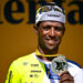 Eritrean Biniam Girmay Hailu of Intermarche-Wanty pictured on the podium after winning stage 12 of the 2024 Tour de France cycling race, from Aurillac to Villeneuve-sur-Lot, France (203,6km) on Thursday 11 July 2024. The 111th edition of the Tour de France starts on Saturday 29 June and will finish in Nice, France on 21 July. BELGA PHOTO JASPER JACOBS   - Photo by Icon Sport