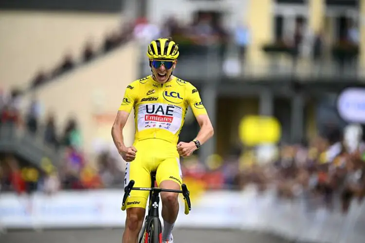 Slovenian Tadej Pogacar of UAE Team Emirates celebrates after winning stage 14 of the 2024 Tour de France cycling race, from Pau to Saint-Lary-Soulan Pla d'Adet, France (151,9 km), on Saturday 13 July 2024. The 111th edition of the Tour de France starts on Saturday 29 June and will finish in Nice, France on 21 July.   BELGA PHOTO JASPER JACOBS   - Photo by Icon Sport