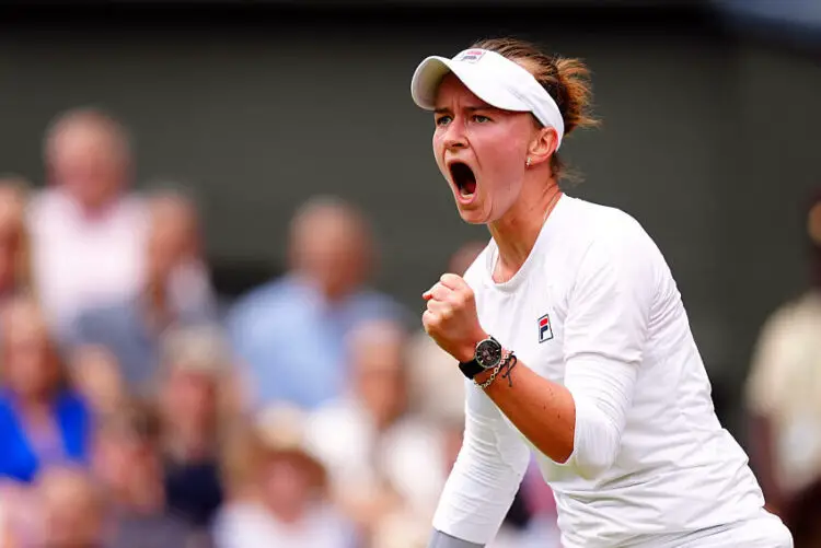 Barbora Krejcikova reacts during her match against Jasmine Paolini in the Ladies Singles final on day thirteen of the 2024 Wimbledon Championships at the All England Lawn Tennis and Croquet Club, London. Picture date: Saturday July 13, 2024.   - Photo by Icon Sport