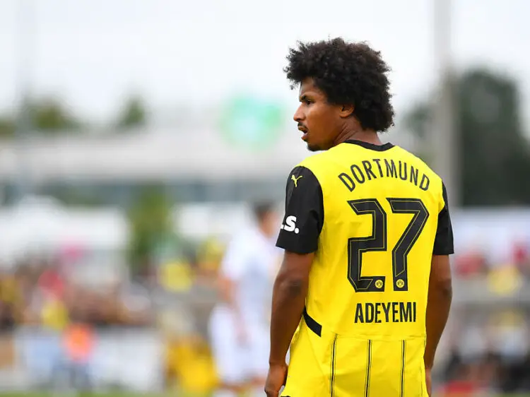 Holzwickede, Deutschland,12.07.24: Karim Adeyemi (Borussia Dortmund) schaut waehrend des DEW21 Traumspiels zwischen Borussia Dortmund und der DEW21-Amateurauswahl im Montanhydraulik Stadion am 12. Juli 2024 in Holzwickede. (Foto von Ralf Treese/DeFodi Images)  Holzwickede, Germany - 12.07.24: Karim Adeyemi (Borussia Dortmund) looks on during the test match between Borussia Dortmund and DEW21 amateur selection at Montanhydraulik Stadion on July 12. 2024 in Holzwickede. (Photo by Ralf Treese/DeFodi Images)   - Photo by Icon Sport