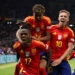 Berlin, Germany, 14th July 2024.  Nico Williams of Spain celebrates after scoring the opening goal with Lamine Yamal of Spain on his back and Dani Olmo of Spain (R) during the UEFA European Championships final match at Olympiastadion, Berlin. Picture: Paul Terry / Sportimage   - Photo by Icon Sport