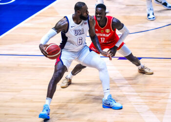 USA's LeBron James and Germany's Dennis Schroder in action during the 2024 USA Basketball Showcase at the O2 Arena, London. Picture date: Monday July 22, 2024.   Photo by Icon Sport   - Photo by Icon Sport