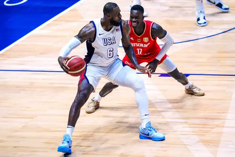 USA's LeBron James and Germany's Dennis Schroder in action during the 2024 USA Basketball Showcase at the O2 Arena, London. Picture date: Monday July 22, 2024.   Photo by Icon Sport   - Photo by Icon Sport