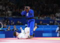 Kosovo's Laura Fazliu and France's Clarisse Agbegnenou (Blue) compete in the judo women's -63kg quarter-final bout of the Paris 2024 Olympic Games at the Champ-de-Mars Arena, in Paris on July 30, 2024. Photo by Nicolas Gouhier/ABACAPRESS.COM   - Photo by Icon Sport