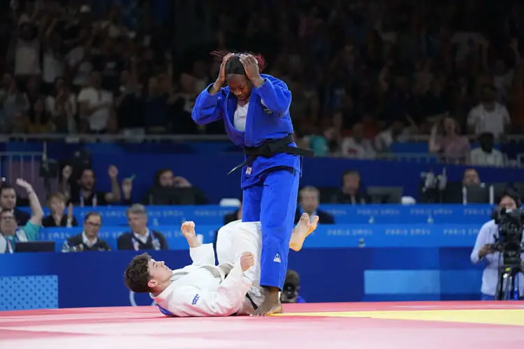 Kosovo's Laura Fazliu and France's Clarisse Agbegnenou (Blue) compete in the judo women's -63kg quarter-final bout of the Paris 2024 Olympic Games at the Champ-de-Mars Arena, in Paris on July 30, 2024. Photo by Nicolas Gouhier/ABACAPRESS.COM   - Photo by Icon Sport