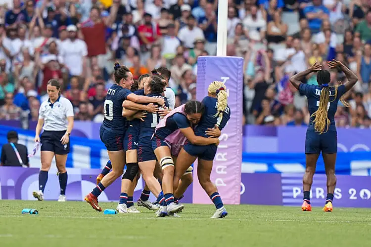 Team of USA celebrates during the Women's Seven Rugby, Day 3 - Paris 2024 Olympic Games at Stade de France on July 30, 2024 in Paris, France.  (Photo by Hugo Pfeiffer/Icon Sport)   - Photo by Icon Sport