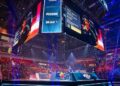 11 August 2023, North Rhine-Westphalia, Duesseldorf: View of the stage at the Rocket League video game world championship at the PSD Bank Dome in Dsseldorf, with a giant display hanging from the ceiling for fans to watch the game. Photo: Thomas Banneyer/dpa - Photo by Icon sport   - Photo by Icon Sport