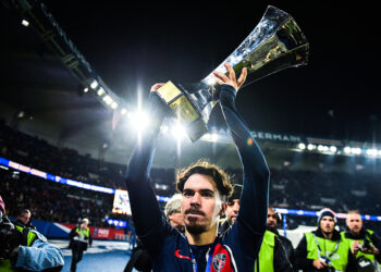 Paris Saint-Germain's midfielder Vitinha holds the trophy of the 2023 Trophee des Champions after winning Paris Saint-Germain over Toulouse FC in a football match at the Parc des Princes stadium in Paris, France January 3, 2024. Photo by Firas Abdullah/ABACAPRESS.COM - Photo by Icon sport   - Photo by Icon Sport