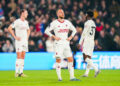 Manchester United's Christian Eriksen and team-mates stand dejected after Crystal Palace's Tyrick Mitchell (not pictured) scored their side's third goal of the game during the Premier League match at Selhurst Park, London. Picture date: Monday May 6, 2024.   Photo by Icon Sport   - Photo by Icon Sport