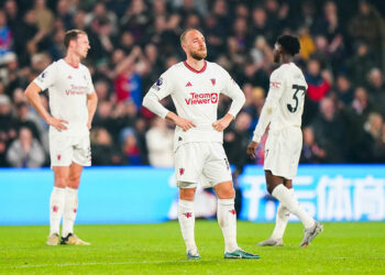 Manchester United's Christian Eriksen and team-mates stand dejected after Crystal Palace's Tyrick Mitchell (not pictured) scored their side's third goal of the game during the Premier League match at Selhurst Park, London. Picture date: Monday May 6, 2024.   Photo by Icon Sport   - Photo by Icon Sport