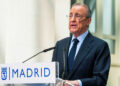 Real Madrid president, Florentino Perez, delivers a speech during the reception for Real Madrid at the Palacio de Cibeles, as part of the celebration of their 36th Spanish soccer league title in Madrid. (Photo by Miguel Candela / SOPA Images/Sipa USA)   Photo by Icon Sport   - Photo by Icon Sport