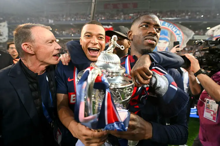 Michel MONTANA (Speaker PSG) - 10 Ousmane DEMBELE (psg) - 07 Kylian MBAPPE (psg) during the French Cup Final match between Lyon and Paris at Stade Pierre-Mauroy on May 25, 2024 in Lille, France.(Photo by Anthony Bibard/FEP/Icon Sport)   - Photo by Icon Sport