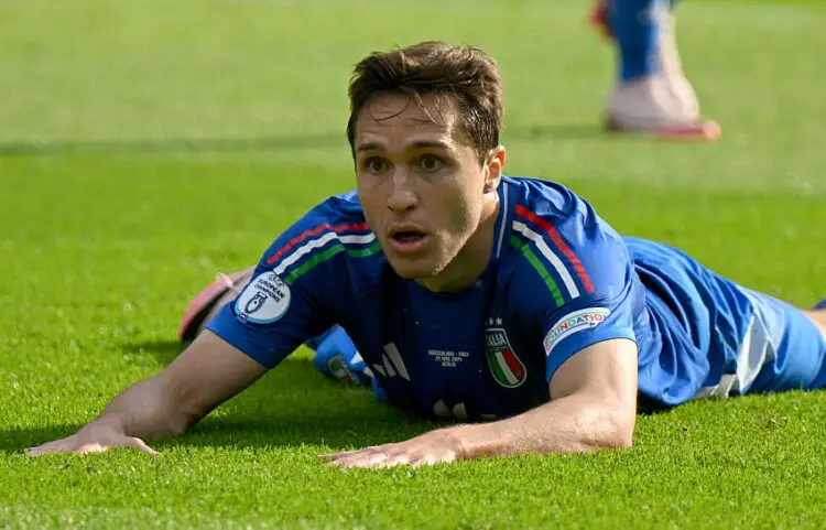 29 June 2024, Berlin: Soccer, UEFA Euro 2024, European Championship, Switzerland - Italy, final round, round of 16, Olympiastadion Berlin, Italy's Federico Chiesa lies on the ground. Photo: Robert Michael/dpa   - Photo by Icon Sport