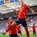 05 July 2024, Baden-W?rttemberg, Stuttgart: Soccer, UEFA Euro 2024, European Championship, Spain - Germany, Final round, Quarter-final, Stuttgart Arena, Spain's Dani Olmo celebrates with Spain's Alvaro Morata after his goal to make it 1-0. Photo: Federico Gambarini/dpa   - Photo by Icon Sport