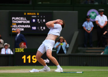 13th July 2024; All England Lawn Tennis and Croquet Club, London, England; Wimbledon Tennis Tournament, Day 13; Harri Heliovaara (FIN) celebrate with Henry Patten (GBR) after defeating Max Purcell (AUS) and Jordan Thompson (AUS) in the Gentlemen's Doubles Finals   - Photo by Icon Sport