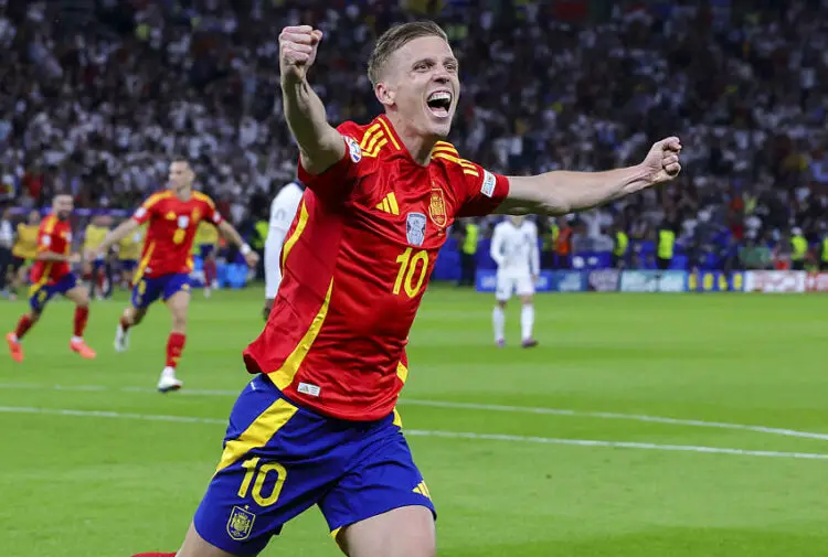 firo: 14.07.2024, Football, Football: UEFA EURO 2024, EM, European Championship 2024, Final, Final, M51, Match 51, ESP, Spain - Eng, England Dani Olmo of Spain celebrates his team's first goal jubilation cheers half figure   - Photo by Icon Sport