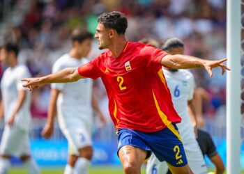 PUBILL Marc of Spain celebrates his goal during Paris 2024 Olympic Games match between Uzbekistan U23 and Spain U23 at Parc des Princes on July 24, 2024 in Paris, France. (Photo by Pierre Costabadie/Icon Sport)   - Photo by Icon Sport