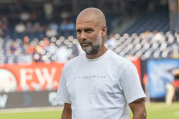 Manager of Manchester City Pep Guardiola seen before friendly match against AC Milan at Yankee Stadium in New York on July 27, 2024. AC Milan won 3 - 2. It was the second loss by Manchester City during a pre-season tour of The US following a loss to Celtic three days prior. This game was part of the Soccer Champions tour sponsored by Directv. (Photo by Lev Radin/Sipa USA)   - Photo by Icon Sport