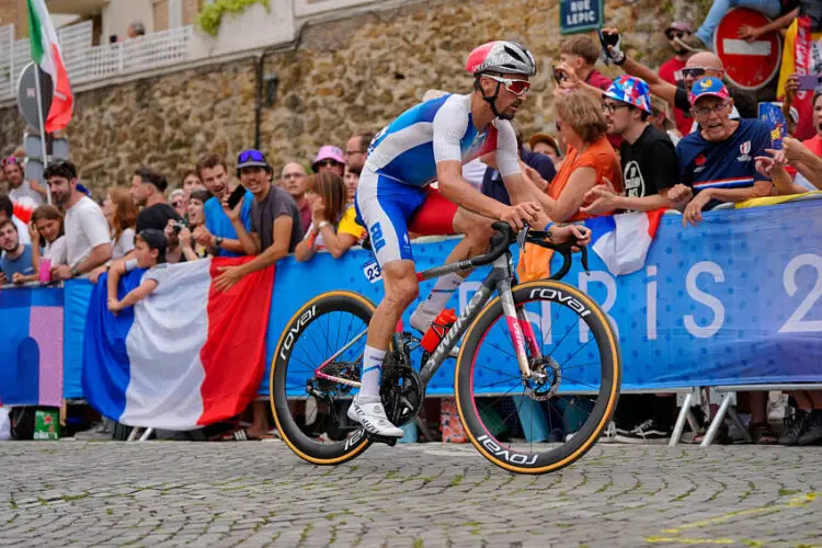 Julian Alaphilippe of Team France competes passing through the Cote de la butte Montmartre while fans cheers during the Men's Road Race on day eight of the Paris 2024 Olympic Games on August 03, 2024 in Paris, France. Photo by Nicolas Gouhier/ABACAPRESS.COM   - Photo by Icon Sport