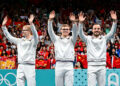 (L-R) France’s Felix LEBRUN, Alexis LEBRUN and Simon GAUZY celebrate during the men's team medals ceremony Tennis Table teams of Paris 2024 Olympic Games at South Paris Arena on August 9, 2024 in Paris, France. (Photo by Baptiste Fernandez/Icon Sport)   - Photo by Icon Sport