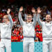 (L-R) France’s Felix LEBRUN, Alexis LEBRUN and Simon GAUZY celebrate during the men's team medals ceremony Tennis Table teams of Paris 2024 Olympic Games at South Paris Arena on August 9, 2024 in Paris, France. (Photo by Baptiste Fernandez/Icon Sport)   - Photo by Icon Sport