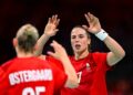 Louise VINTER BURGAARD of Denmark celebrates during the Paris 2024 Olympic Games women's  Handball third place match between Sweden and Denmark at Stade Pierre Mauroy on August 10, 2024 in Lille, France. (Photo by Baptiste Fernandez/Icon Sport)   - Photo by Icon Sport