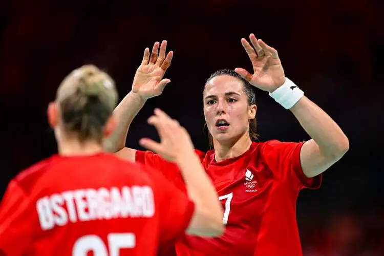 Louise VINTER BURGAARD of Denmark celebrates during the Paris 2024 Olympic Games women's  Handball third place match between Sweden and Denmark at Stade Pierre Mauroy on August 10, 2024 in Lille, France. (Photo by Baptiste Fernandez/Icon Sport)   - Photo by Icon Sport