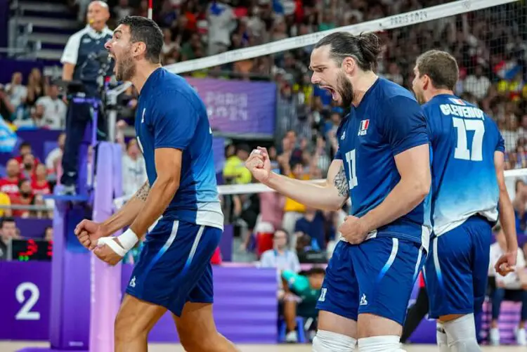 Nicolas LE GOFF of France and Antoine BRIZARD of France during the Olympic Games Paris 2024 final match between France and Poland on August 10, 2024 in Paris, France. (Photo by Pierre Costabadie/Icon Sport)   - Photo by Icon Sport