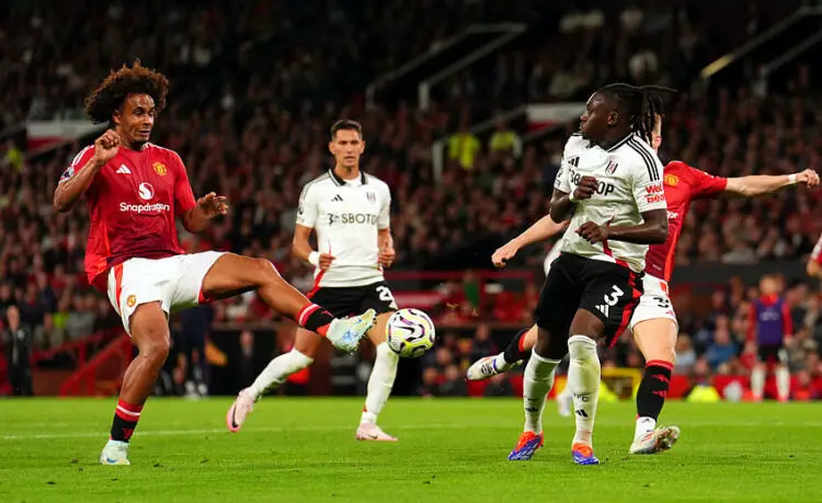 Manchester United's Joshua Zirkzee scores their side's first goal of the game during the Premier League match at Old Trafford, Manchester. Picture date: Friday August 16, 2024.   - Photo by Icon Sport