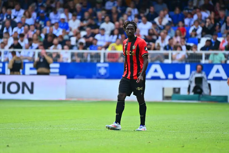 Evann GUESSAND of Nice  during the Ligue 1 McDonald's match between Auxerre and Nice at Stade Abbe Deschamps on August 18, 2024 in Auxerre, France.  (Photo by Sandra Ruhaut/Icon Sport)   - Photo by Icon Sport