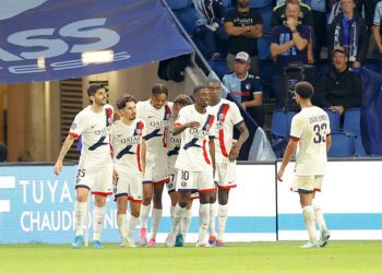 35 Lucas BERALDO (psg) - 17 VITINHA (psg) - 10 Ousmane DEMBELE (psg) - 23 Randal KOLO MUANI (psg) during the Ligue 1 McDonald's match between Le Havre and Paris at Stade Oceane on August 16, 2024 in Le Havre, France. (Photo by Loic Baratoux/FEP/Icon Sport)   - Photo by Icon Sport