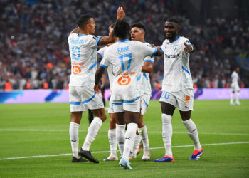 Plyers of Marseille celebrate after scores during the Ligue 1 McDonald's match between Marseille and Reims at Orange Velodrome on August 25, 2024 in Marseille, France. (Photo by Philippe Lecoeur/FEP/Icon Sport)   - Photo by Icon Sport