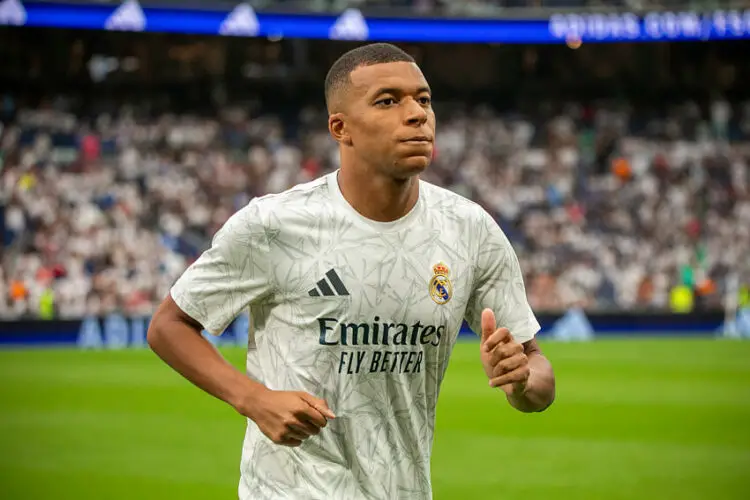 Kylian Mbappe of Real Madrid reacts during the Spanish league football match between Real Madrid CF and Real Valladolid FC at the Santiago Bernabeu stadium. Real Madrid defeated Real Valladolid by 3 goals to 0 at the Santiago Bernabeu stadium. The goals were scored by Federico Valverde 49', Brahim Diaz 87', Endrick 95'. (Photo by David Canales / SOPA Images/Sipa USA)   - Photo by Icon Sport