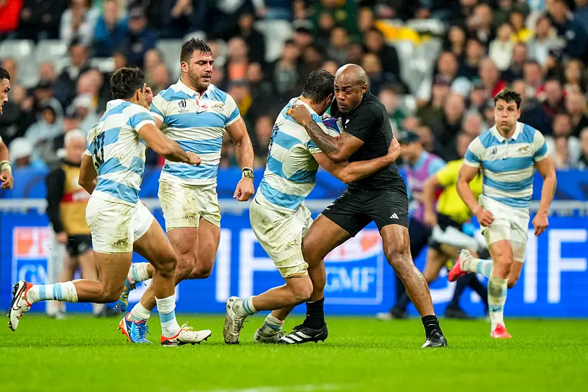 Juan Martin GONZALEZ of Argentina and Mark TELE A of New Zealand All Blacks during the Rugby World Cup 2023 Semi-final match between Argentina and New Zealand at Stade de France on October 20, 2023 in Paris, France. (Photo by Hugo Pfeiffer/Icon Sport)   - Photo by Icon Sport