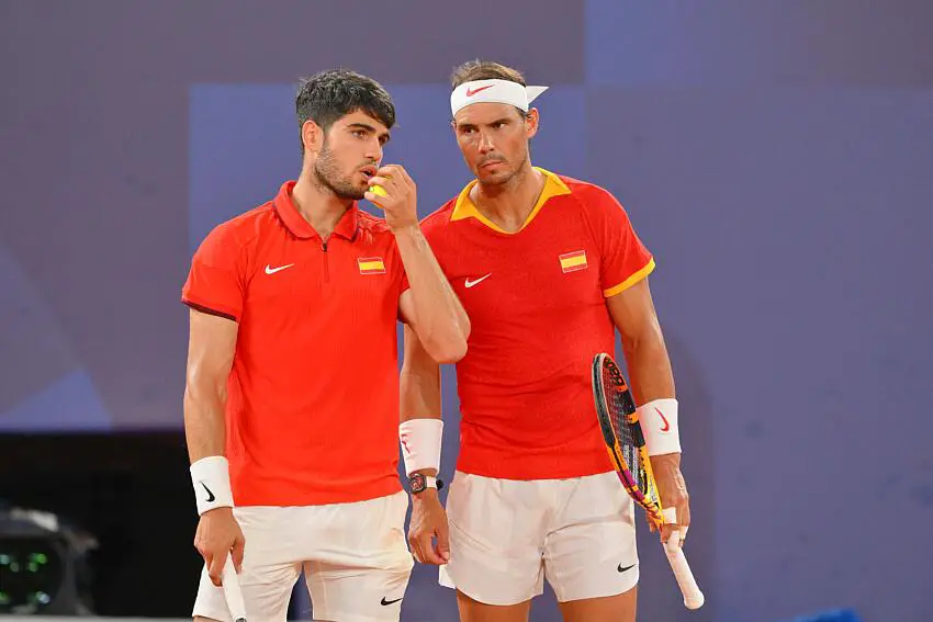 Rafael Nadal and partner Carlos Alcaraz of Team Spain during the Men's Doubles match on day five of the Olympic Games Paris 2024 at Roland Garros on July 31, 2024 in Paris, France. Photo by Laurent Zabulon/ABACAPRESS.COM   - Photo by Icon Sport