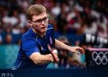 Alexis LEBRUN of France during the men's team bronze medal Tennis Table team match of Paris 2024 Olympic Games at South Paris Arena on August 9, 2024 in Paris, France. (Photo by Baptiste Fernandez/Icon Sport)   - Photo by Icon Sport