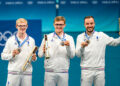 Bronze medalist Simon Gauzy, Alexis Lebrun and Felix Lebrun - Photo by Icon Sport