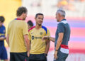 Thiago ALCANTARA of Barcelona and Adolf HUTTER of Monaco during the Joan Gamper trophy match between Barcelona and Monaco at Estadi Olimpic Lluis Companyson August 12, 2024 in Barcelona, Spain. (Photo by Icon Sport)   - Photo by Icon Sport