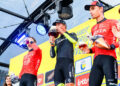 French Matis Louvel of Arkea-BB Hotels, Jelte Krijnsen of Q36.5 Pro Cycling Team and Jenthe Biermans of Arkea-BB Hotels pictured on the podium after the 'Druivenkoers' one day cycling race, 206,3 km from and to Overijse, Friday 23 August 2024. BELGA PHOTO MARC GOYVAERTS   - Photo by Icon Sport