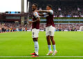 Aston Villa's Jhon Duran (left) celebrates after scoring his sides third goal of the game during the Premier League match at Villa Park, Birmingham. Picture date: Saturday September 21, 2024.   - Photo by Icon Sport