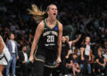 Oct 1, 2024; Brooklyn, New York, USA; New York Liberty guard Sabrina Ionescu (20) celebrates during game two of the 2024 WNBA Semi-finals against the Las Vegas Aces at Barclays Center. Mandatory Credit: Wendell Cruz-Imagn Images   - Photo by Icon Sport