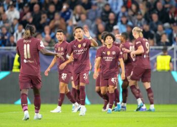 Manchester City players a goal celebrate during UEFA Champions league match, SK Slovan Bratislava - Manchester City , 01. october 2024 Copyright: xMICHALxFAJT,ZOSPORTU.SKx DSC_2090   - Photo by Icon Sport