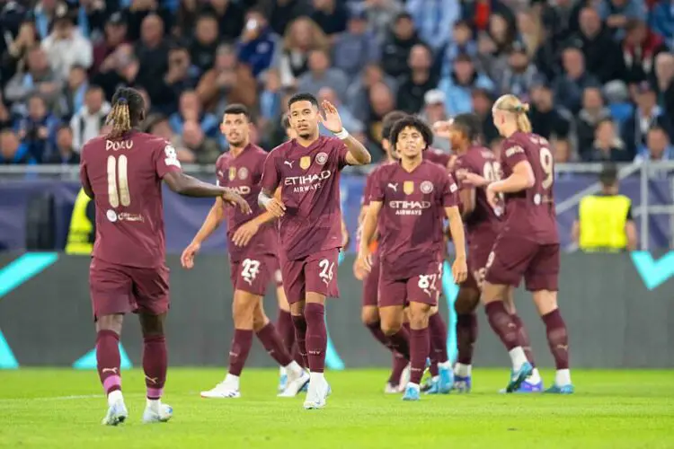 Manchester City players a goal celebrate during UEFA Champions league match, SK Slovan Bratislava - Manchester City , 01. october 2024 Copyright: xMICHALxFAJT,ZOSPORTU.SKx DSC_2090   - Photo by Icon Sport