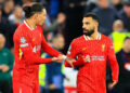 2nd October 2024;  Anfield, Liverpool, Merseyside, England; Champions League Football, Liverpool versus Bologna; Mohammed Salah of Liverpool  speaks with team mate Darwin Nunez   - Photo by Icon Sport