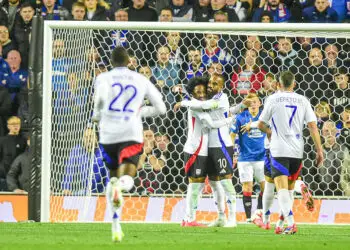 Malick Fofana and Alexandre Lacazette of Olympique Lyonnais celebrate Alexandre Lacazette’s first goal during the UEFA Europa League match at Ibrox Stadium, Glasgow Picture by Jamie Johnston/Focus Images/Sipa USA 07714373795 03/10/2024   - Photo by Icon Sport