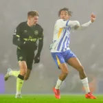 João Pedro qui tente de mettre le coup de coude de l'année lors de Brighton and Hove Albion / Brentford