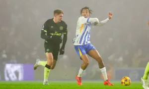 João Pedro qui tente de mettre le coup de coude de l'année lors de Brighton and Hove Albion / Brentford